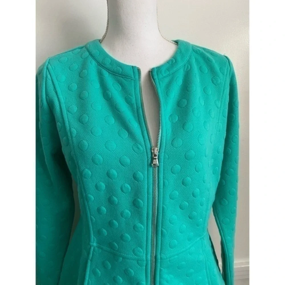 Isaac Mizrahi Live Teal Polka Dot Jacquard Zip Up